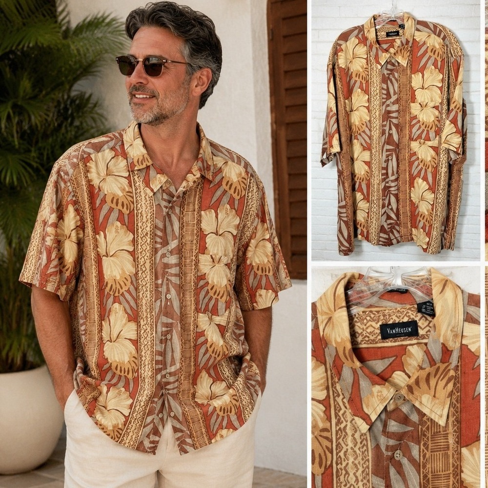 Van Heusen Linen Hawaiian Camp Shirt Mens XL Tropical Floral Beige Brown‎ Retro